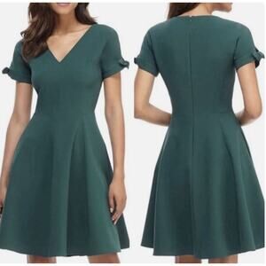 Gal Meets Glam Collection Serena Fit & Flare Tie Cuff Dress V Neck Bow Tie Cuffs